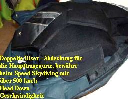 Doppelte Riser - Abdeckung f�r
die Haupttragegurte, bew�hrt 
beim Speed Skydiving mit 
�ber 500 km/h
Head Down 
Geschwindigkeit