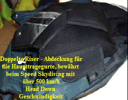 Doppelte Riser - Abdeckung f�r
die Haupttragegurte, bew�hrt 
beim Speed Skydiving mit 
�ber 500 km/h
Head Down 
Geschwindigkeit