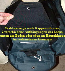 Wahlweise, je nach Kappenvolumen,
2 verschiedene Aufh�ngungen des Loops,
unten am Boden oder oben an Hauptklappe
im vorhandenen Grommet